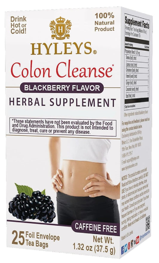 Hyleys Colon Cleanse Tea blackberry flavor package highlights caffeine-free blend for daily wellness.