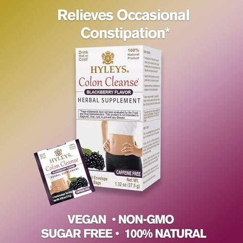 Hyleys Colon Cleanse Tea blackberry flavor tea bags in tray emphasize easy preparation.