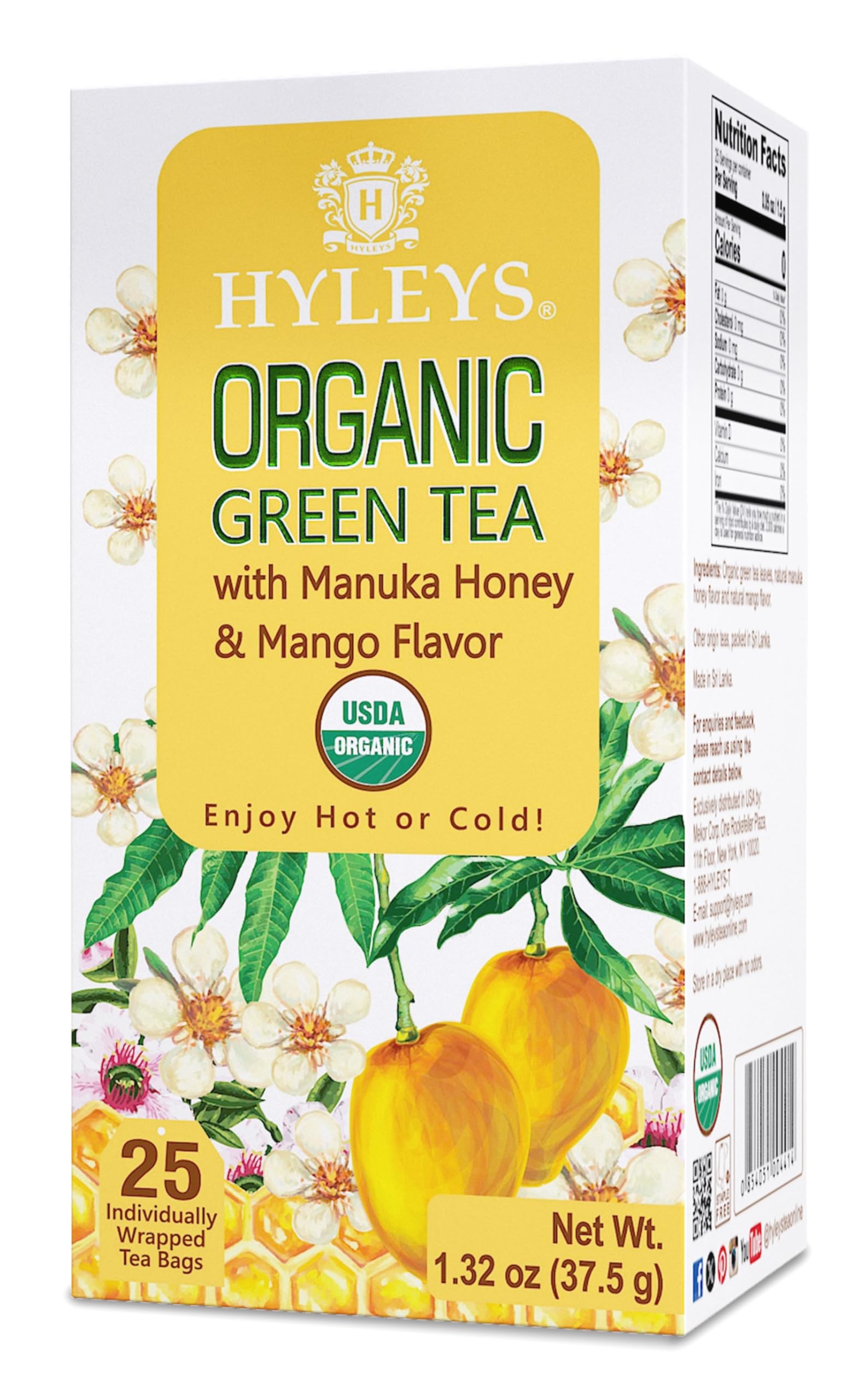 Hyleys Organic Green Tea Manuka Honey Mango box showing premium packaging for easy storage