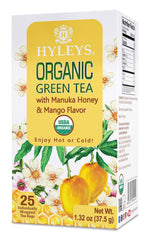 Hyleys Organic Green Tea Manuka Honey Mango box showing premium packaging for easy storage
