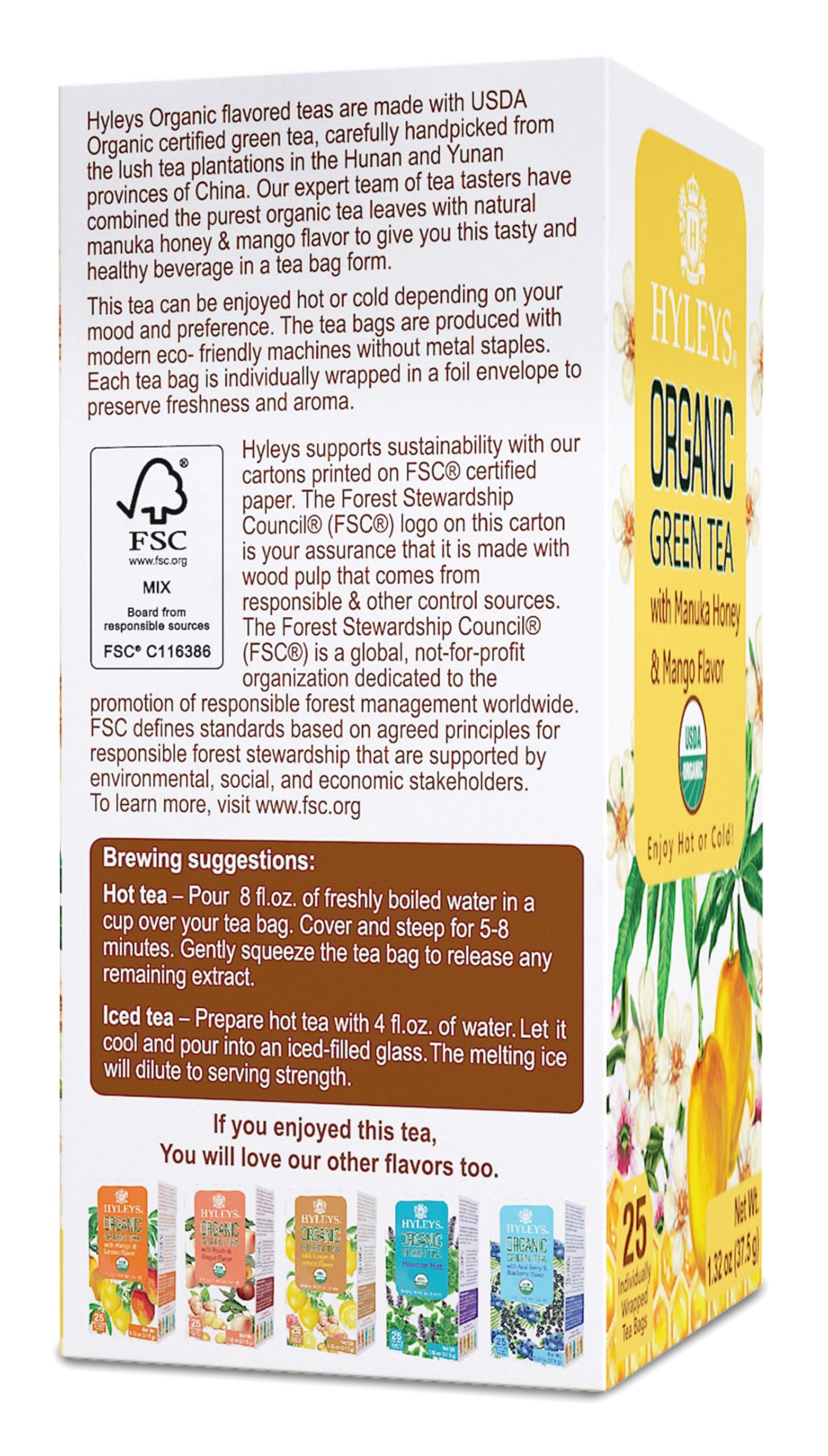 Packaging closeup of Hyleys Organic Green Tea Manuka Honey Mango emphasizing quality