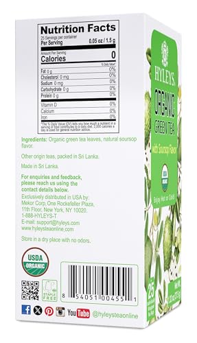 Hyleys Organic Green Tea Soursop Flavor tea bags ready to steep for tropical delight.