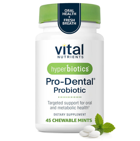Hyperbiotics Pro Dental bottle with mint chewables for fresh breath.
