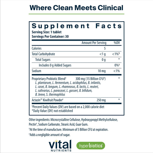 Close-up of Hyperbiotics Pro-15 capsules highlighting vegan, shelf-stable formula