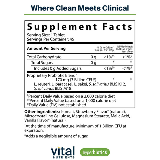 Hyperbiotics Vital Nutrients Pro Kids ENT strawberry-vanilla chewable supports daily routine.