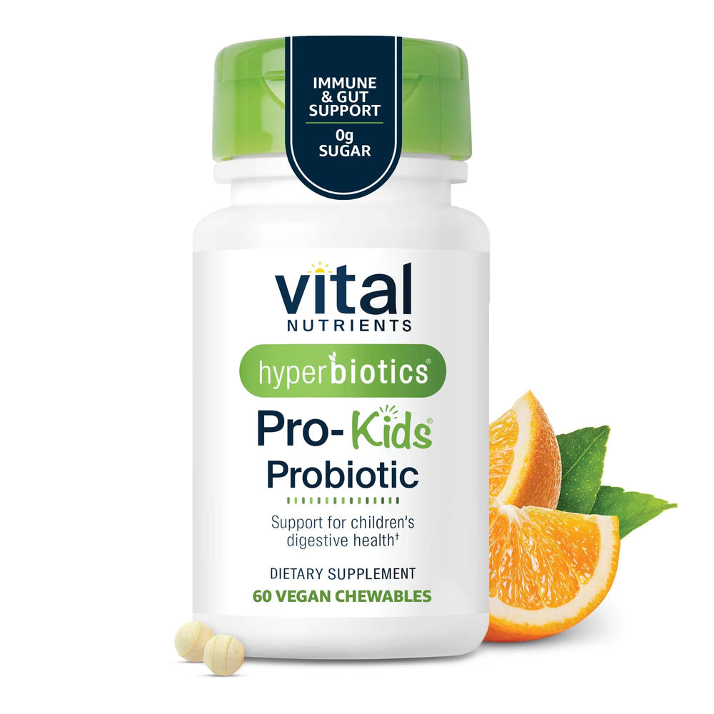 Hyperbiotics Vital Nutrients Pro Kids Probiotic bottle with orange flavor promotes kid-friendly daily balance.