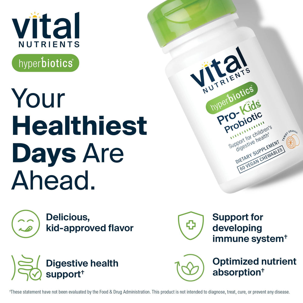 Hyperbiotics Vital Nutrients Pro Kids Probiotic is sugar-free and orange-flavored for kids.