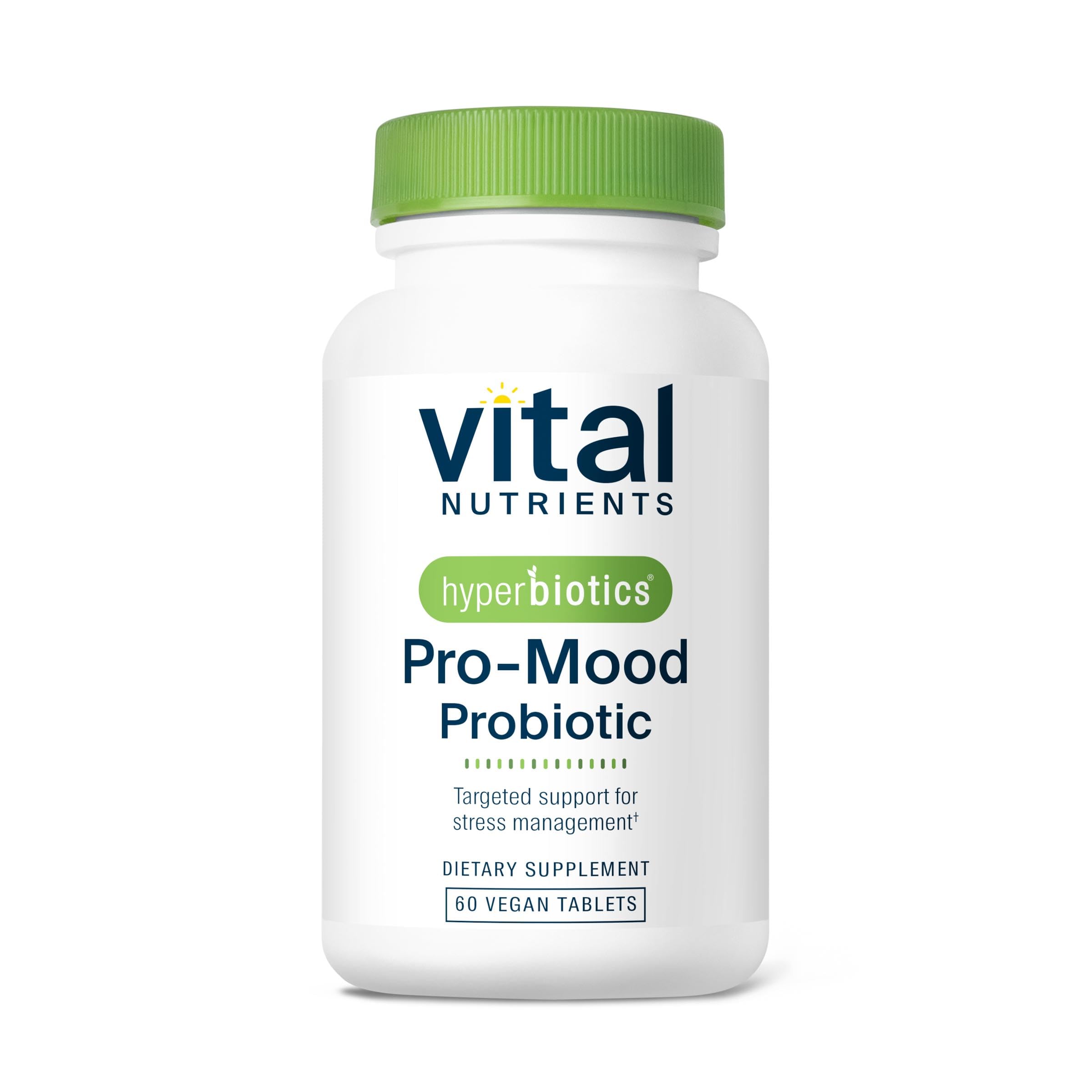 Hyperbiotics Vital Nutrients Pro Mood bottle front showing daily probiotic support for stress