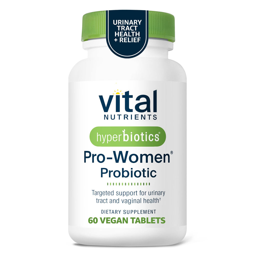 Hyperbiotics Vital Nutrients Pro Women bottle shows daily urinary and vaginal health support.