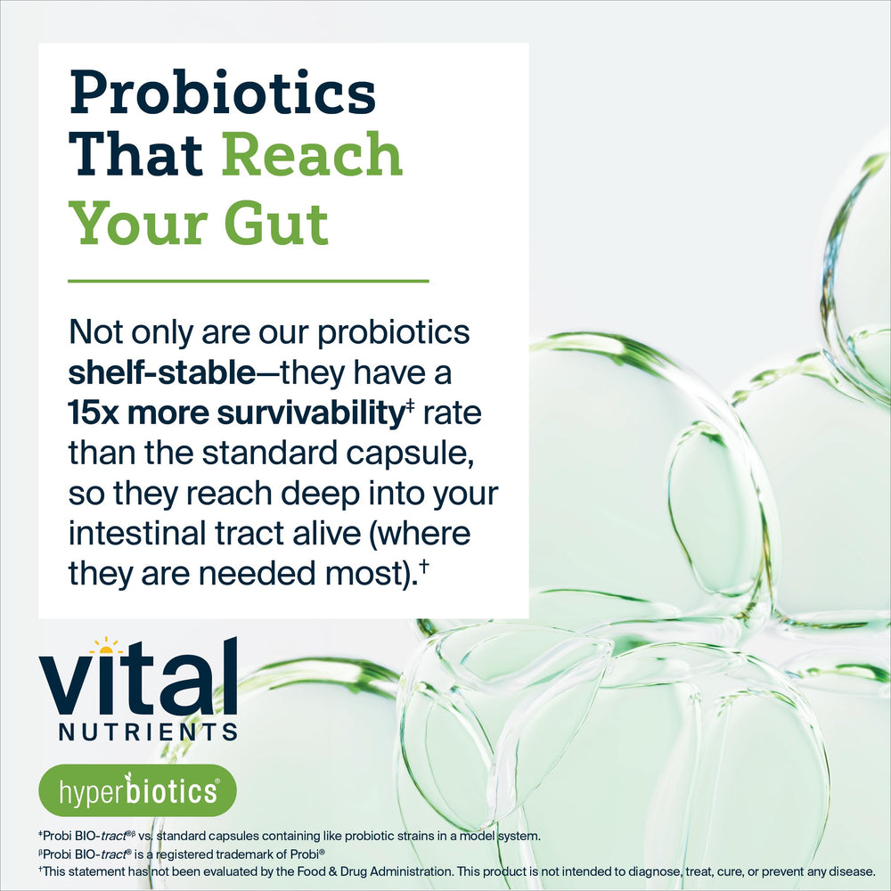 Hyperbiotics Vital Nutrients seven strains illustration lists seven probiotic species