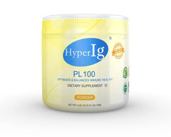 HYPERIG PL-100 canister on shelf highlighting immune support and gluten-free formula.