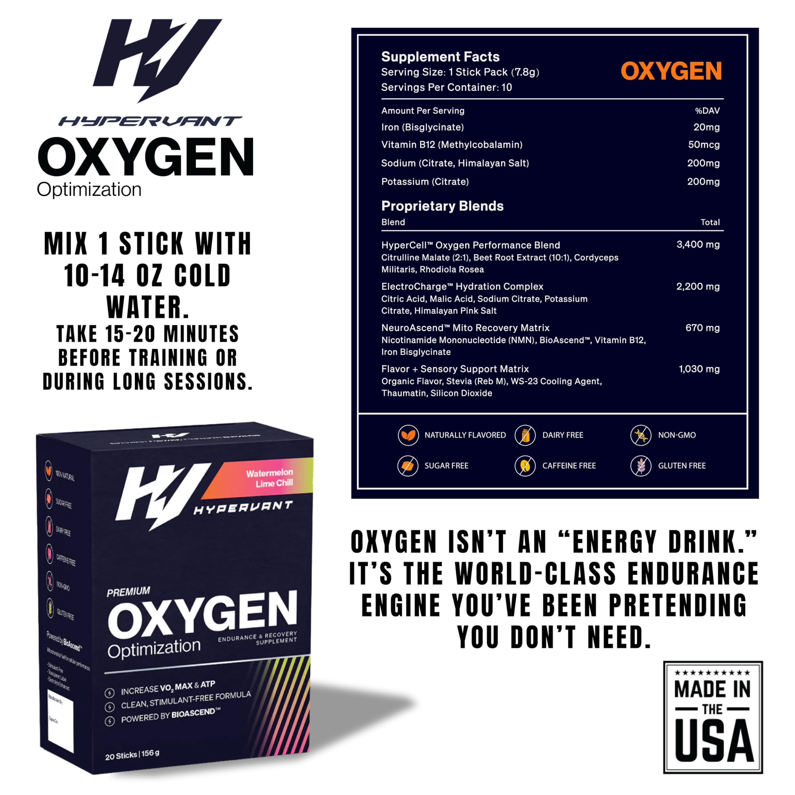 Hypervant Oxygen powder being stirred for a caffeine-free energy boost.
