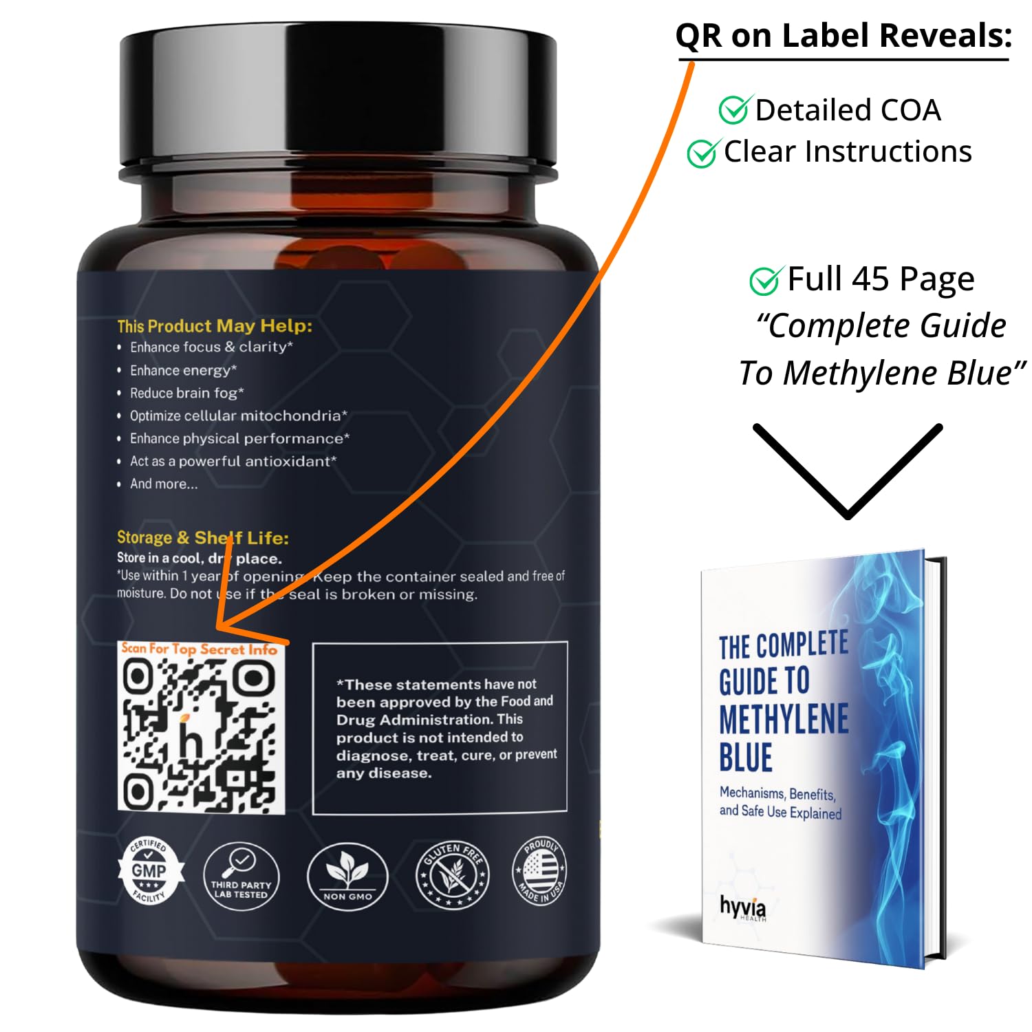 Hyvia Health Methylene Blue amber bottle protecting contents from light and degradation.