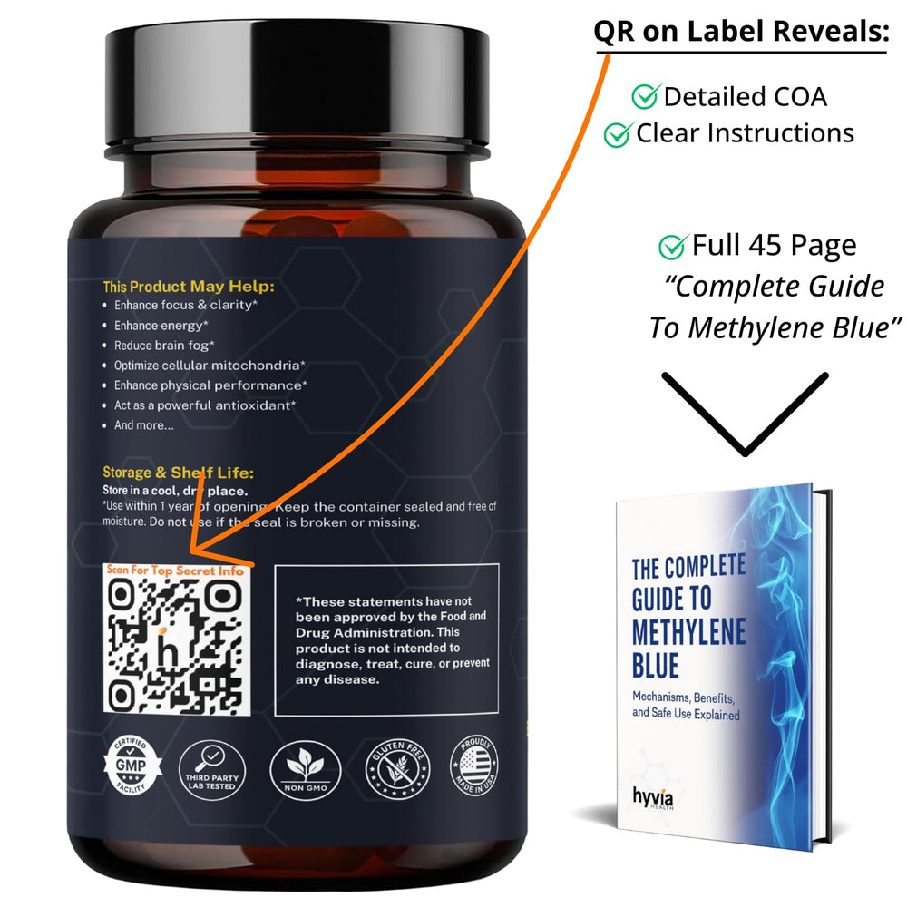 Hyvia Health Methylene Blue amber bottle protecting contents from light and degradation.