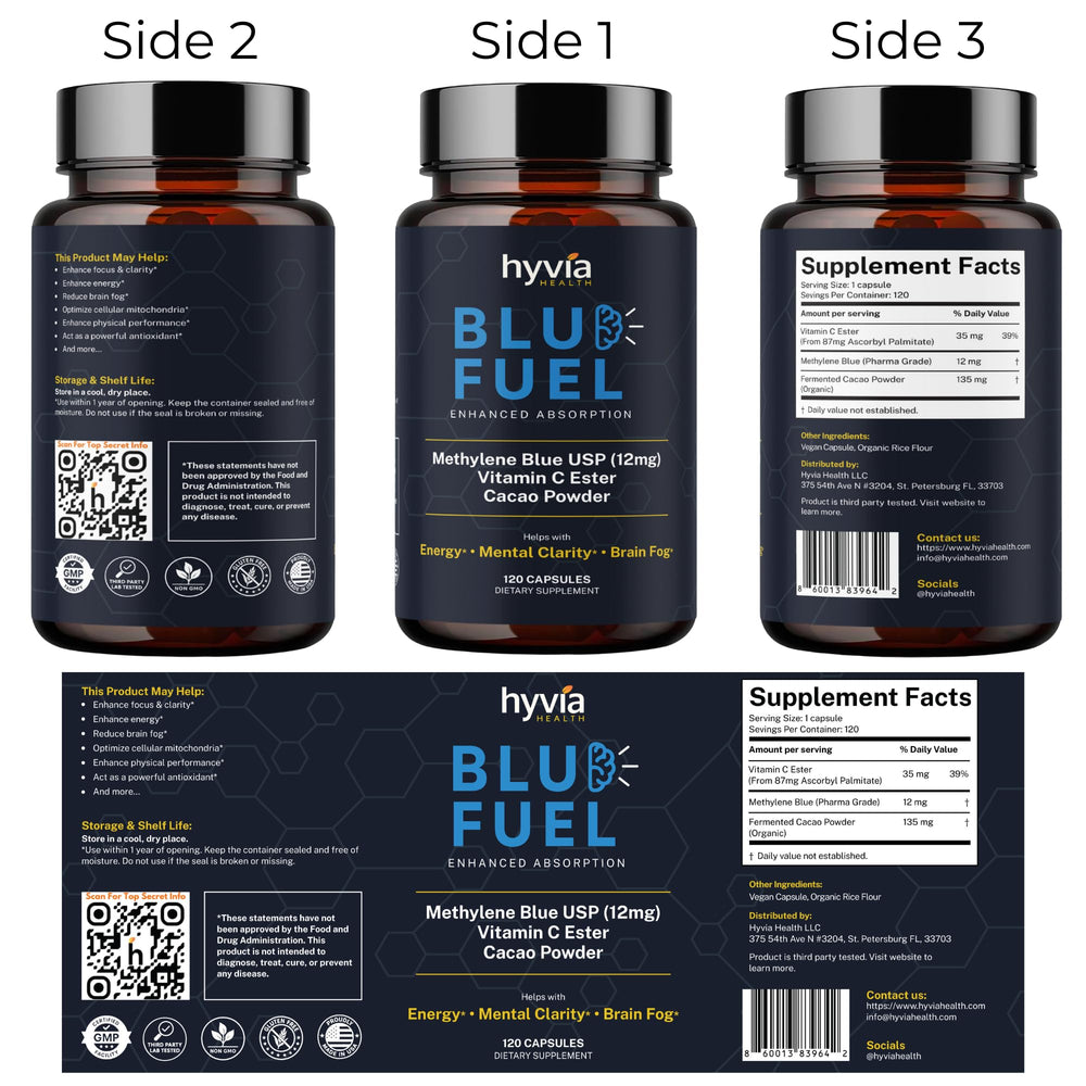 Hyvia Health Methylene Blue capsules with cacao powder adding antioxidants.