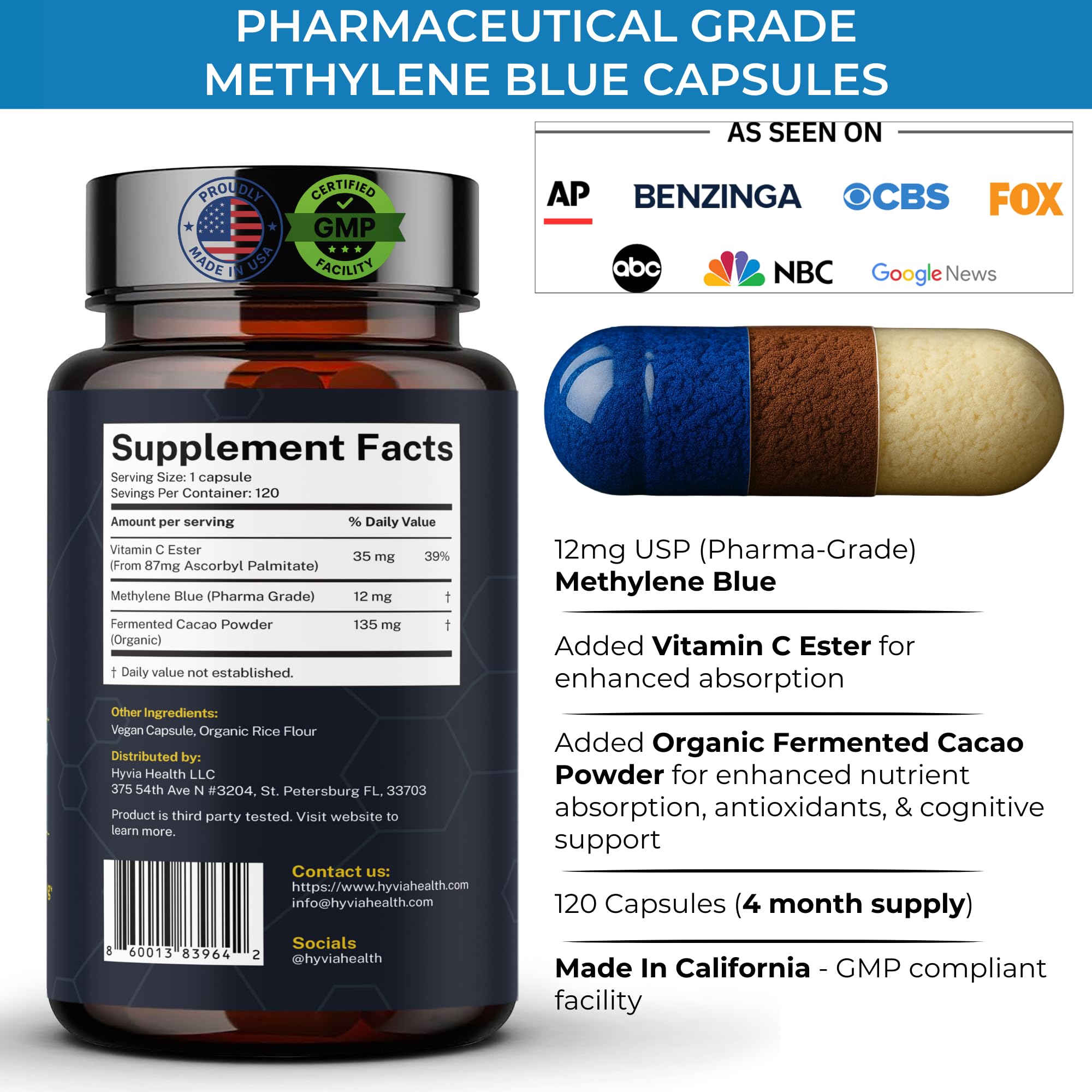 Hyvia Health Methylene Blue capsules close-up showing dosage form for brain energy.