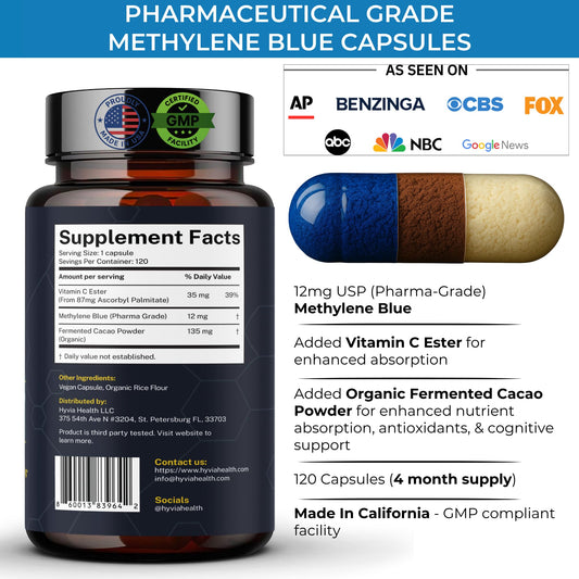 Hyvia Health Methylene Blue capsules close-up showing dosage form for brain energy.