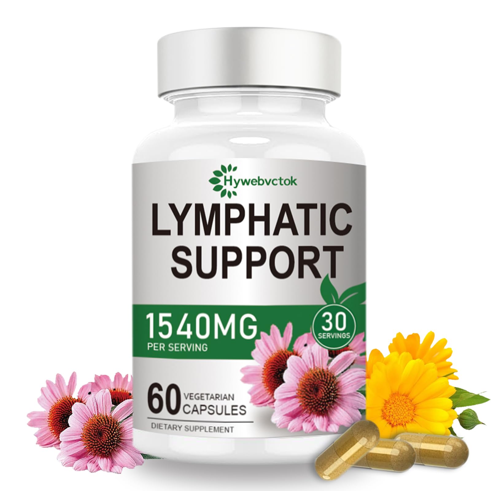 Hywebvctok 1540mg capsules bottle demonstrates lymphatic drainage support for daily wellness.