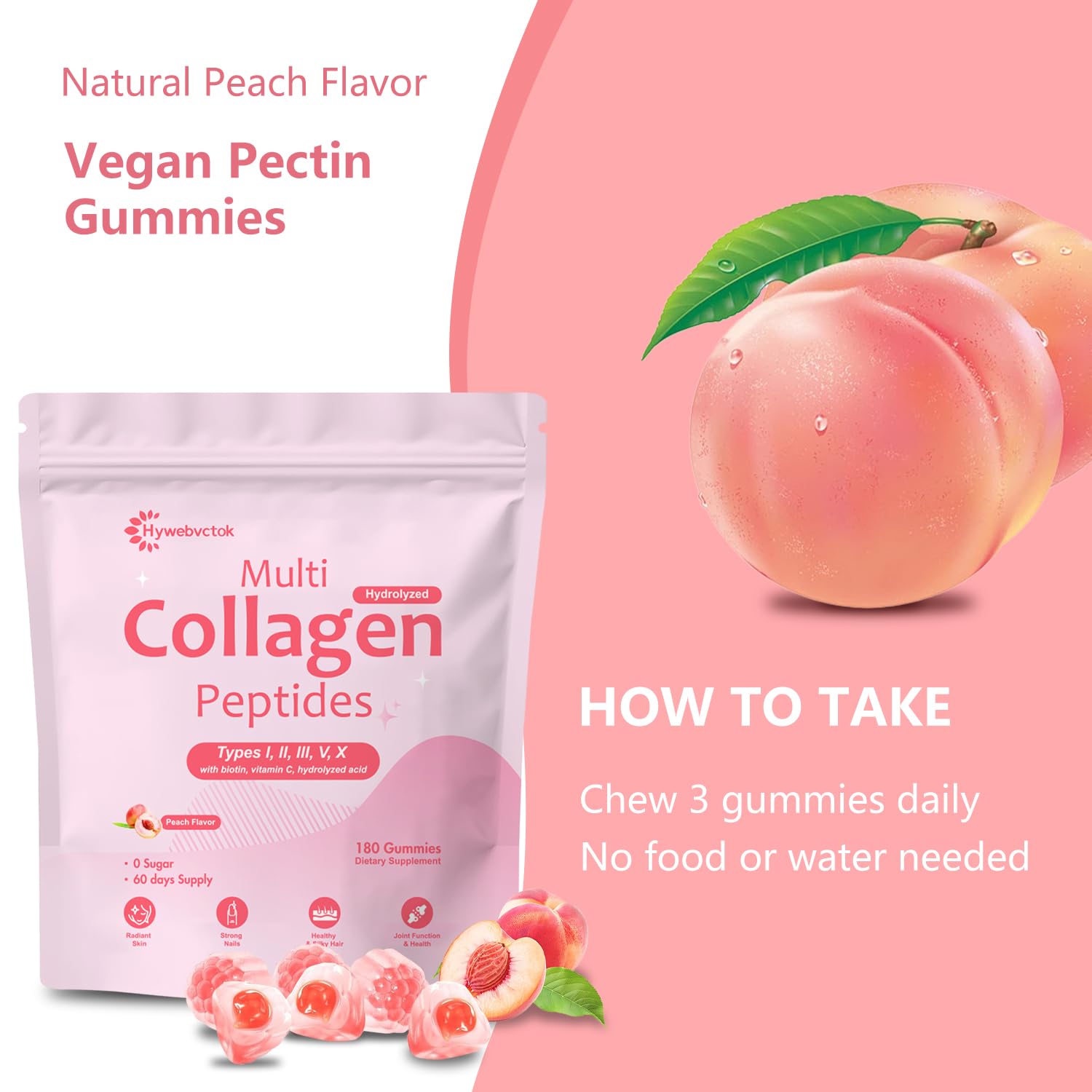 Hywebvctok includes hyaluronic acid and vitamins for skin hydration.