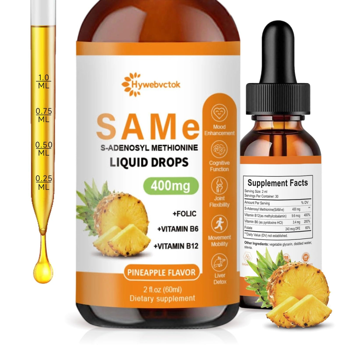Hywebvctok Liquid SAM-E Drops bottle with pineapple flavor for daily wellness