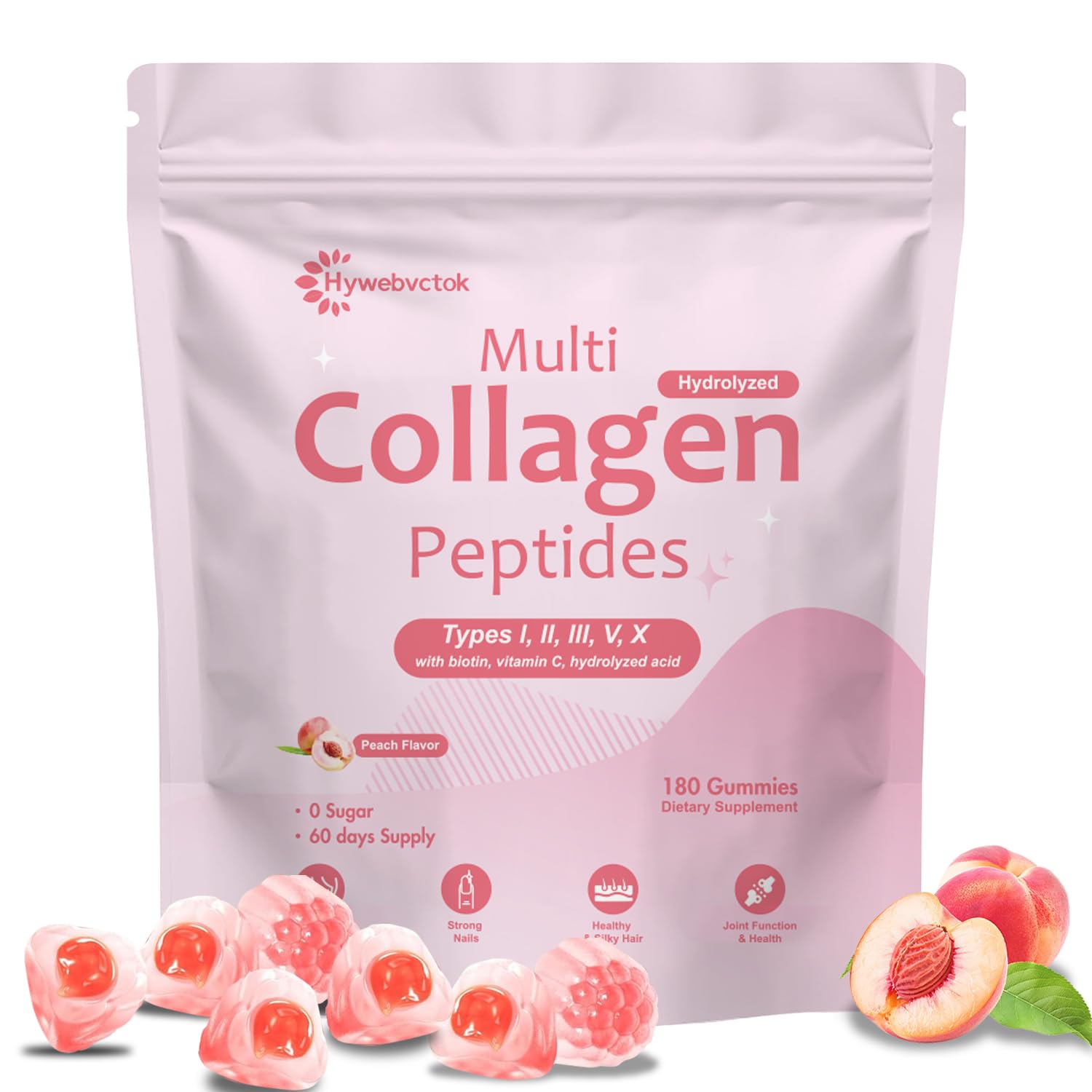 Hywebvctok Marine Collagen Gummies in a peach-flavored bottle for daily beauty support.