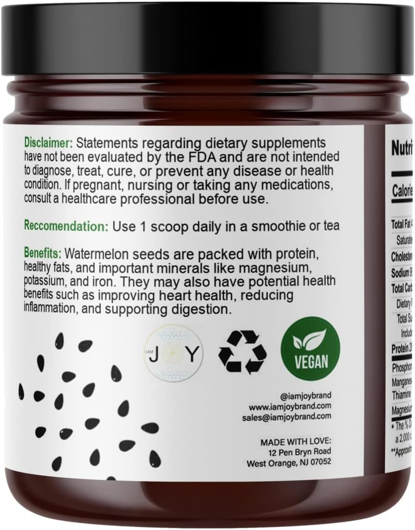 I Am Joy Co. Watermelon Seed Protein Powder being poured into a cup for smoothies.