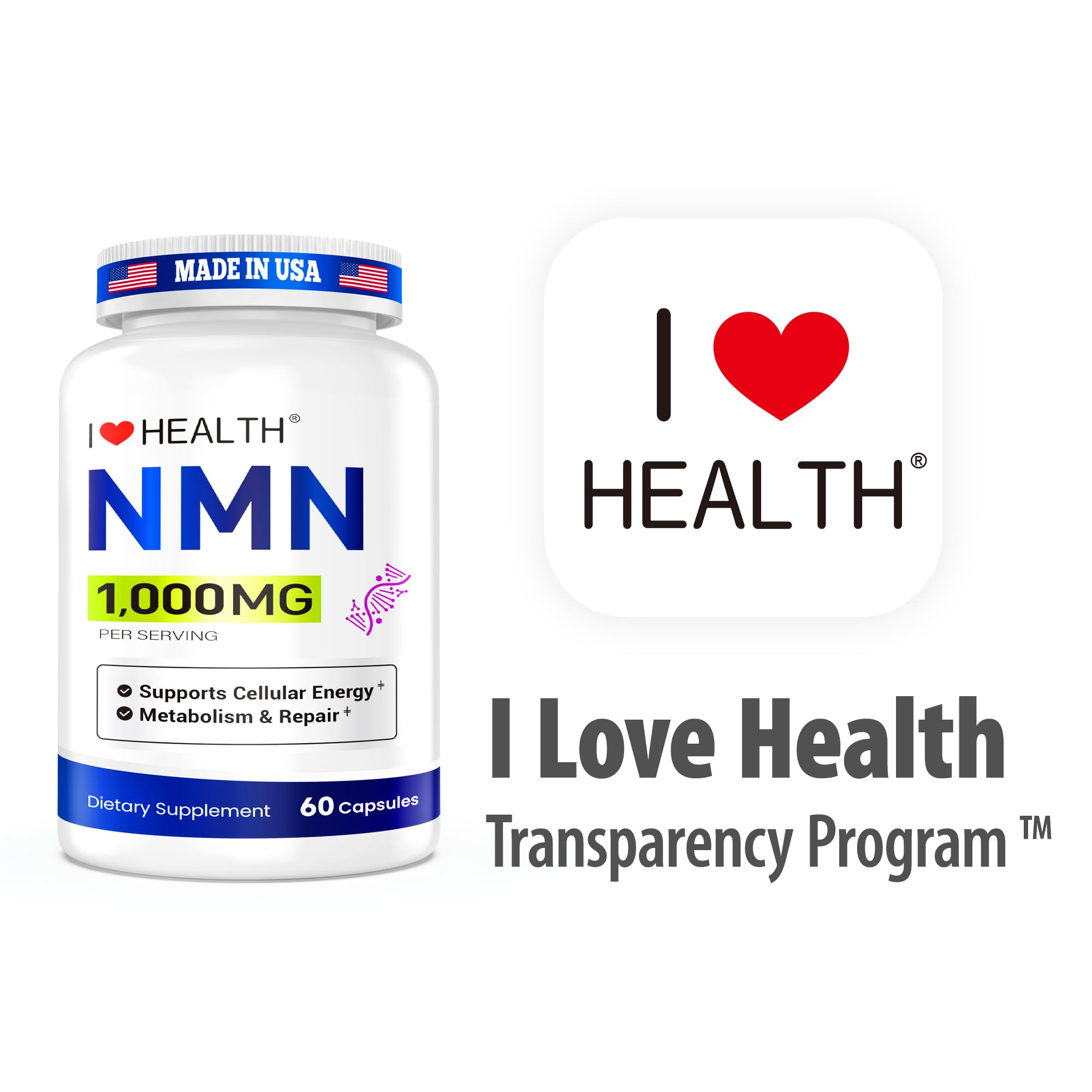I LOVE HEALTH NMN 1000mg bottle label signaling quality and premium formulation for daily use