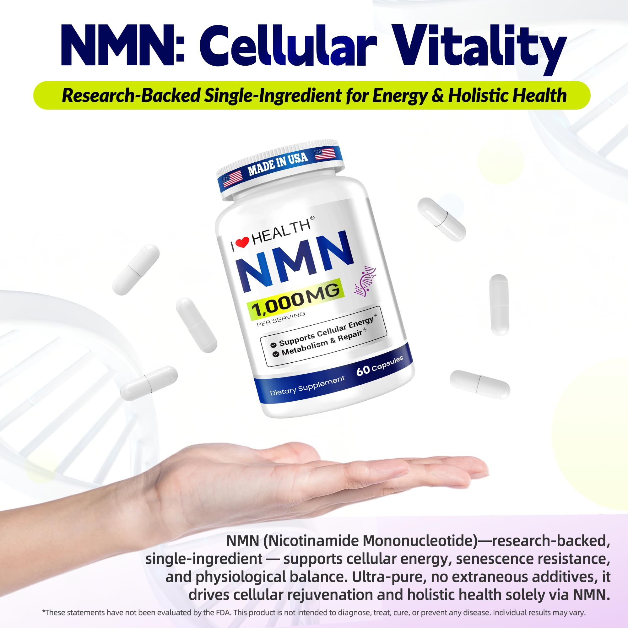 I LOVE HEALTH NMN 1000mg made in USA badge communicates trust and safety