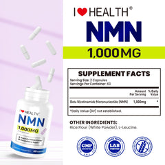 I LOVE HEALTH NMN 1000mg packaging overview showing 60 capsules for a 30-day routine