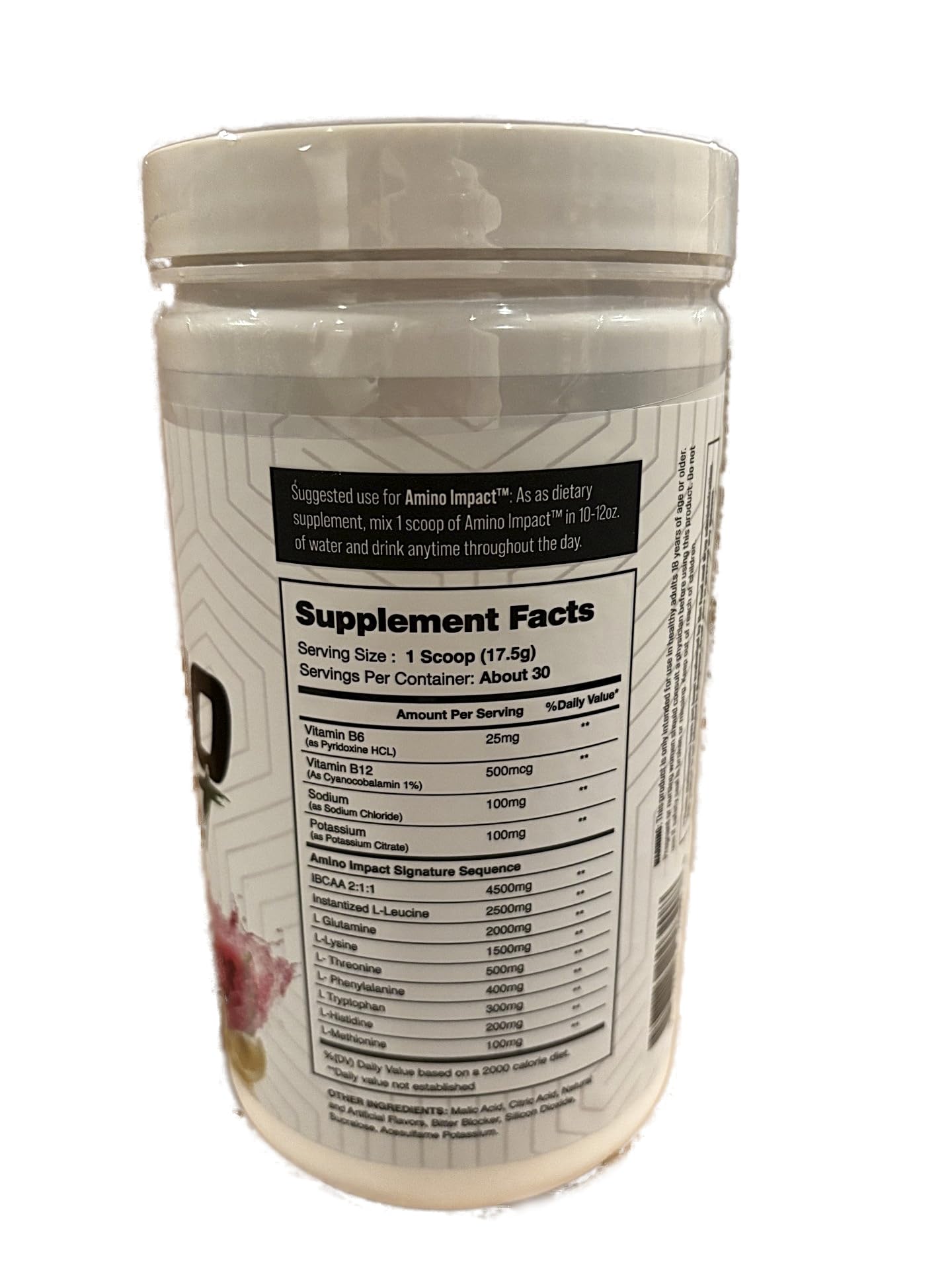 I-Prevail Amino Impact ingredients panel highlighting essential amino acids
