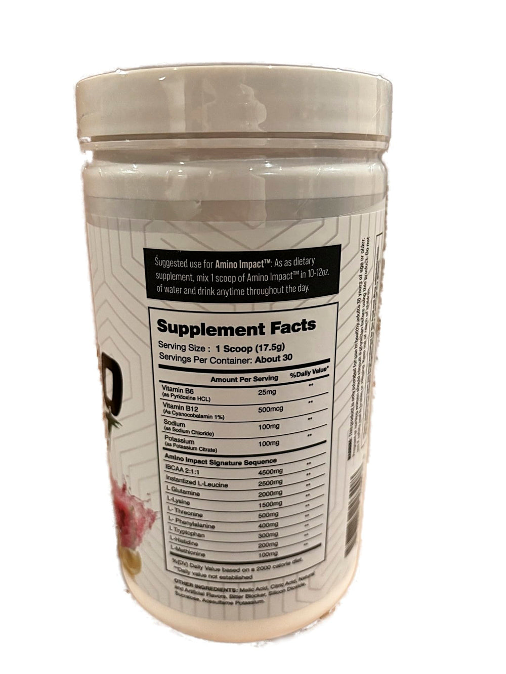 I-Prevail Amino Impact ingredients panel highlighting essential amino acids