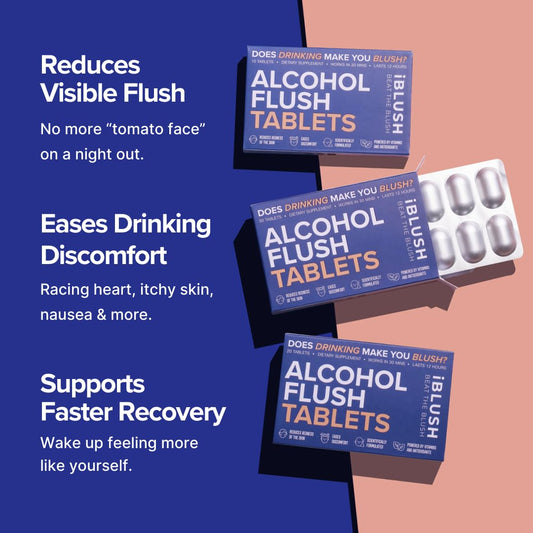 IBLUSH Alcohol Flush Tablets bottle pour enables easy pre-drink dosing.