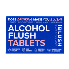 IBLUSH Alcohol Flush Tablets bottle shows high-potency formula for redness management.