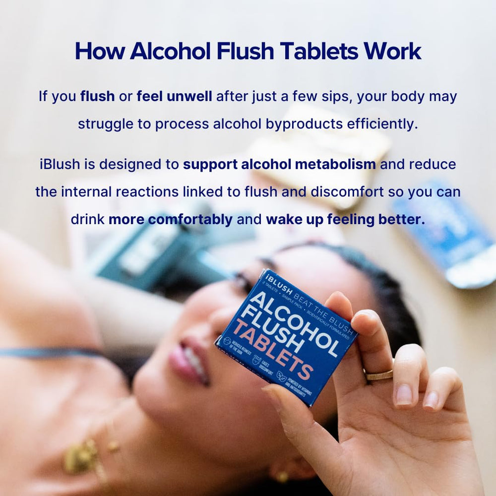 Closeup of iBlush tablets highlights a potent, compact pill for alcohol processing support.