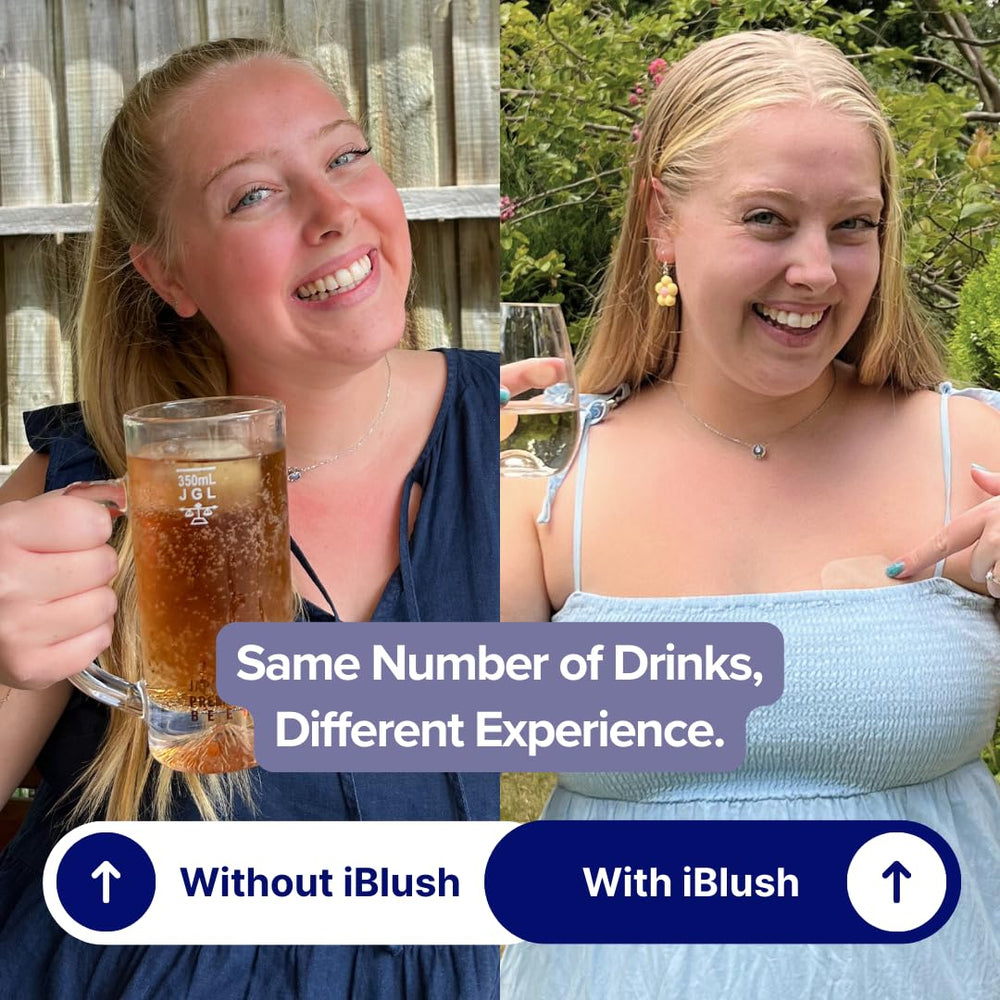 User scene shows confident social drinking with discreet iBlush support.