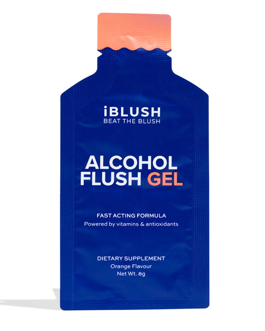 IBLUSH Asian Flush Gel 12-pack front offers fast, drink-ready support.
