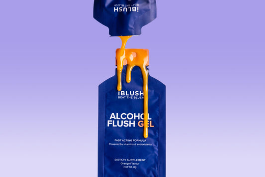 IBLUSH Asian Flush Gel bottle closeup highlights quick-acting formula.