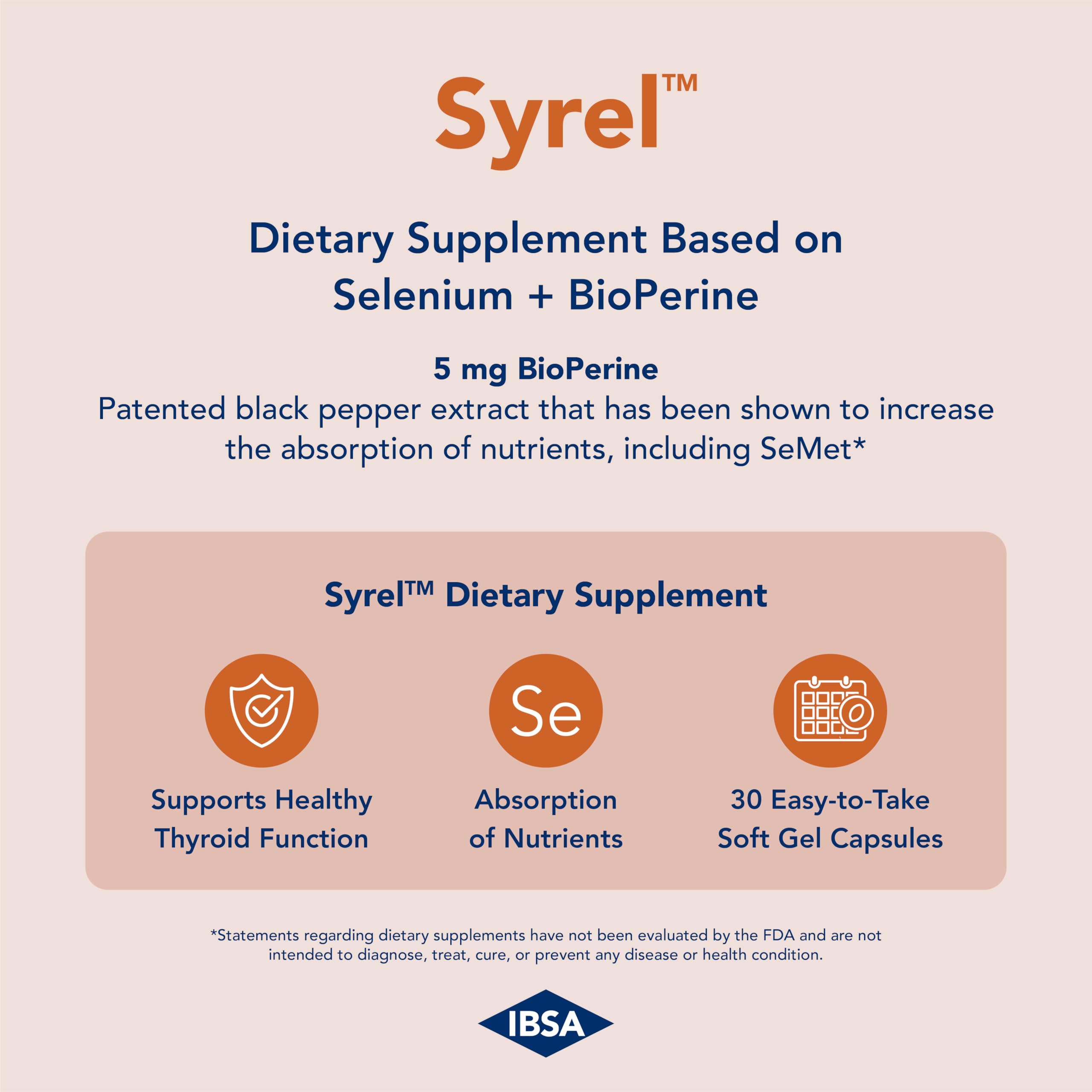Ibsa Syrel bottle pouring softgels into hand for simple daily dosing.