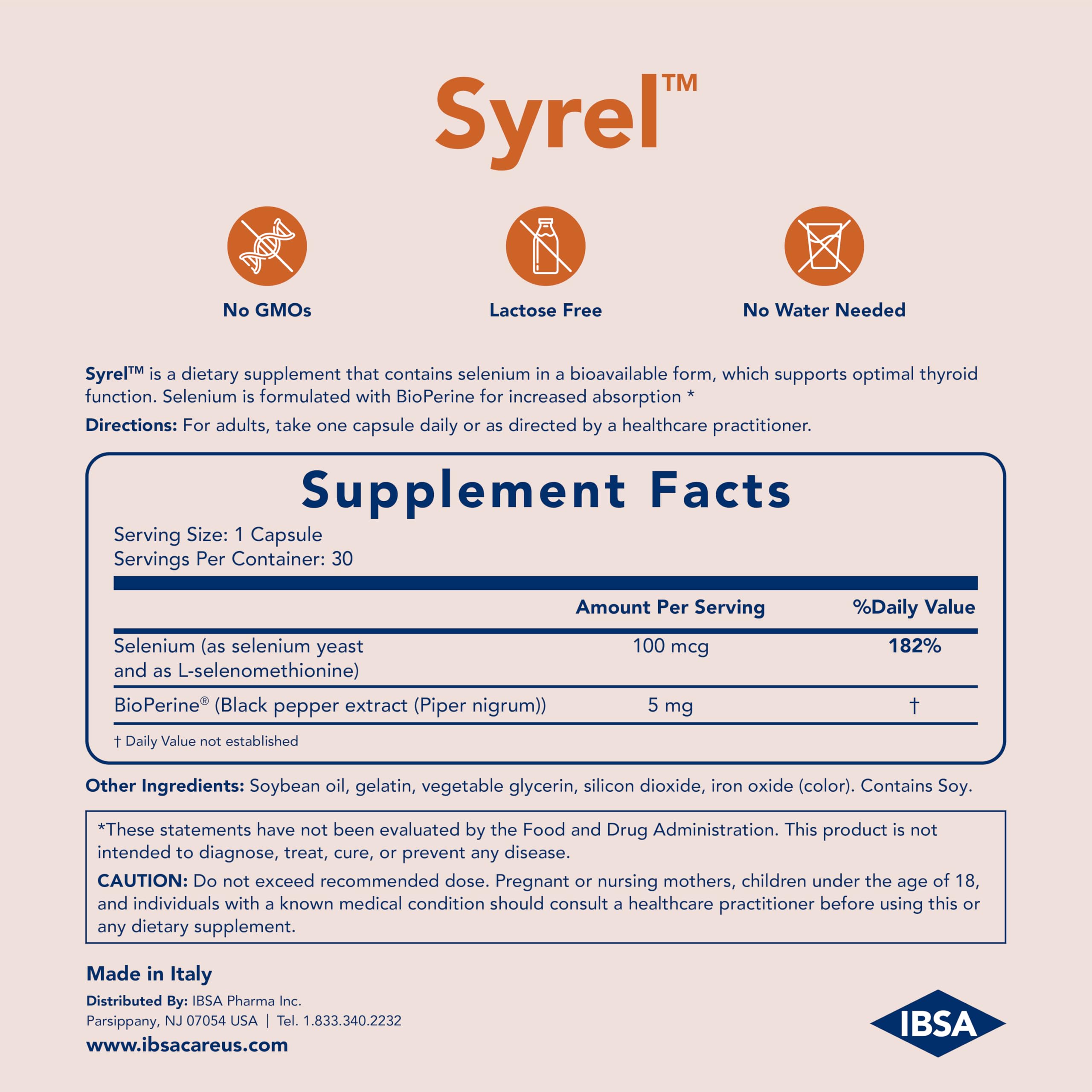 Ibsa Syrel label shows gluten-free, lactose-free, sugar-free attributes for dietary needs.