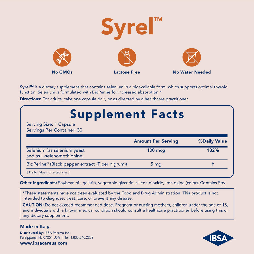 Ibsa Syrel label shows gluten-free, lactose-free, sugar-free attributes for dietary needs.