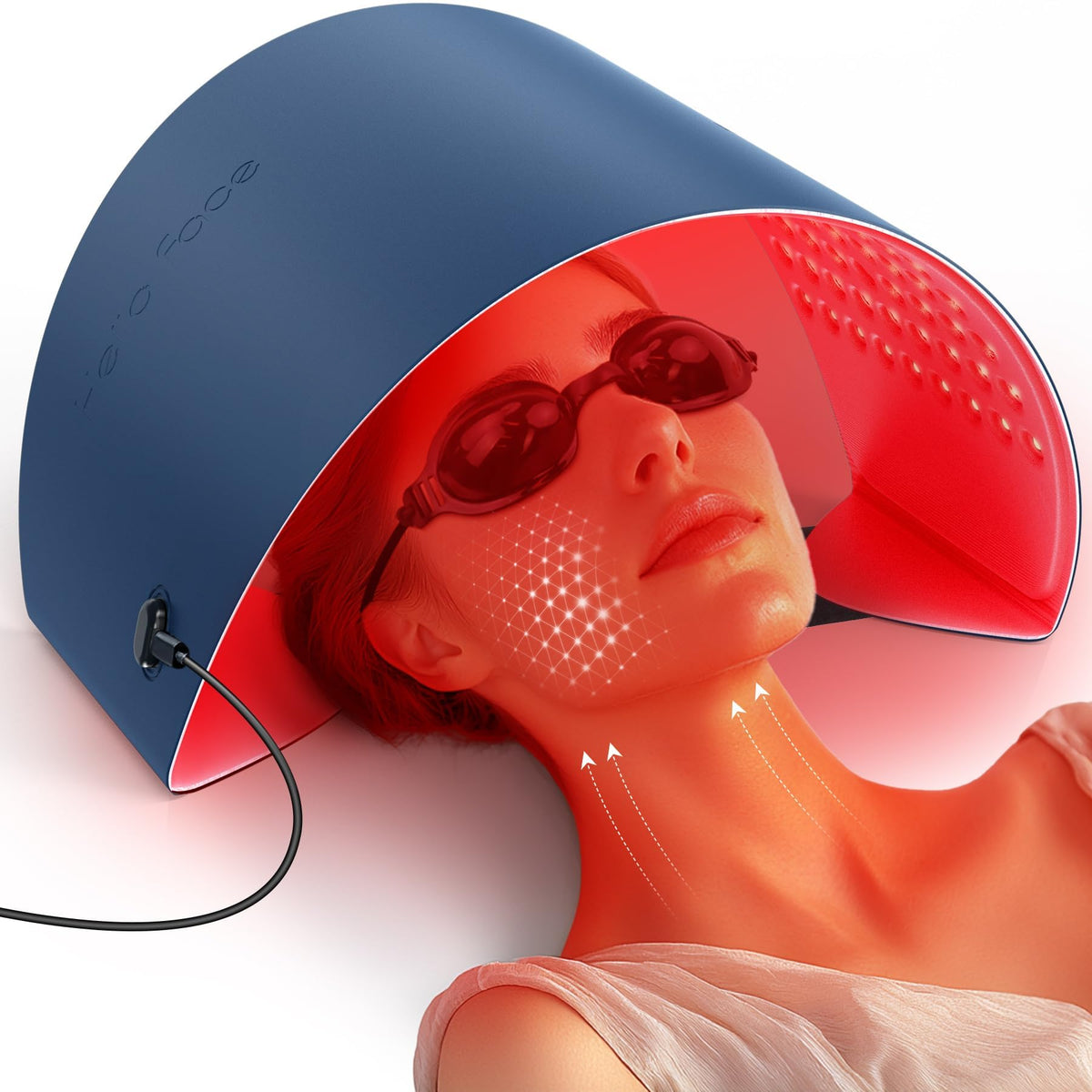 Icbgre red light therapy mask on the face for skin renewal and warmth.