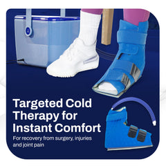 Ice Box ergonomic ankle brace enables precise, comfortable cooling for ankle relief.