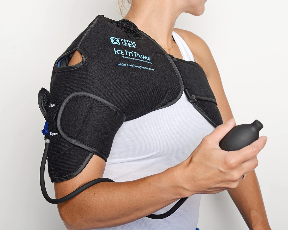 Ice It! Pump shoulder wrap shows a snug fit for targeted cold therapy on the shoulder.
