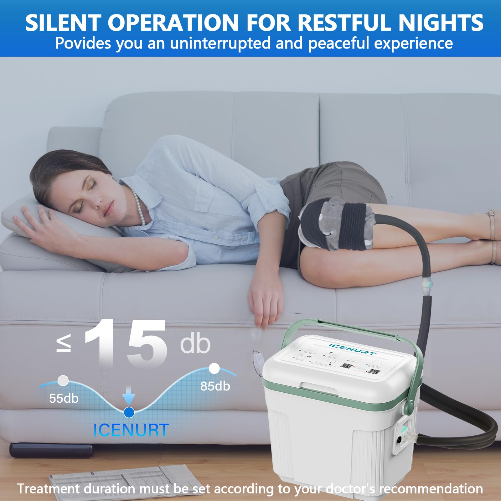 ICENURT quiet motor image demonstrates sleep-friendly operation during therapy