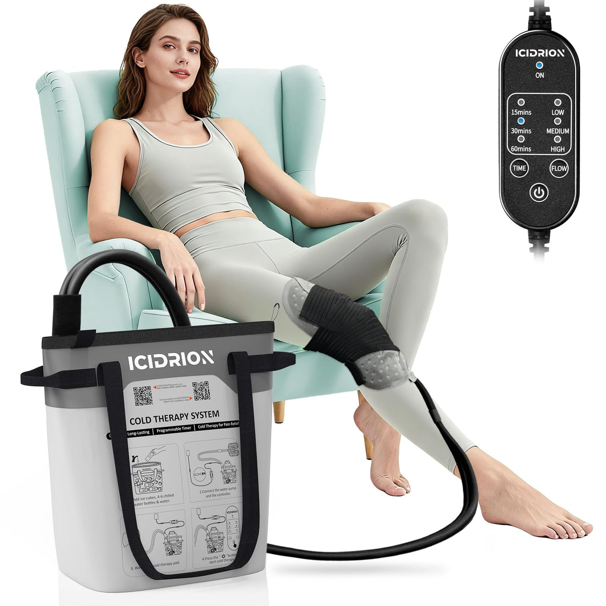 ICIDRION cold therapy machine front view for portable home recovery benefit.
