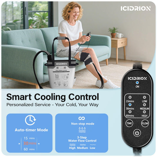 ICIDRION cold therapy machine side view highlighting compact design for travel use.