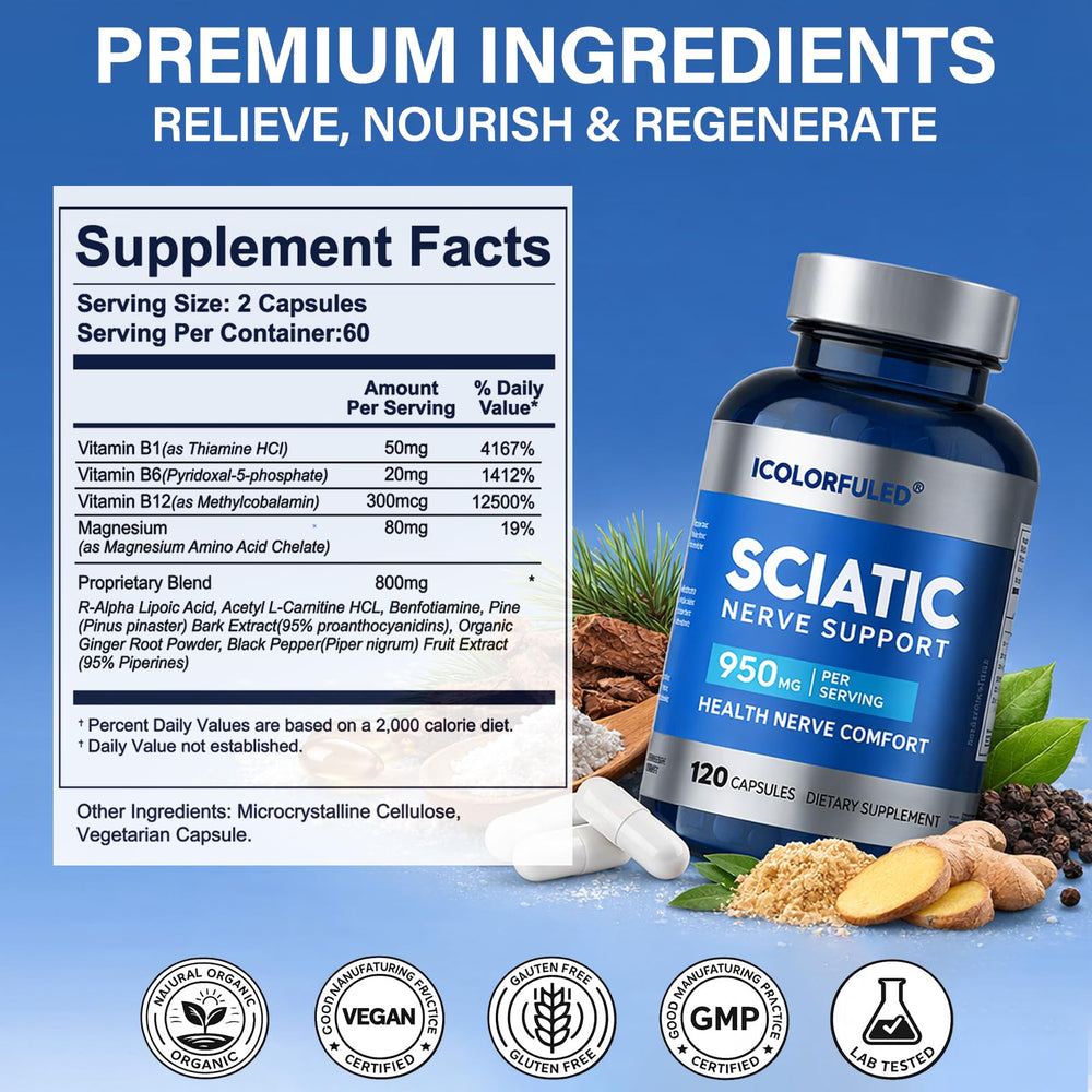 icolorfuled Sciatic Nerve Capsules vegan-friendly softgels for easy swallowing.