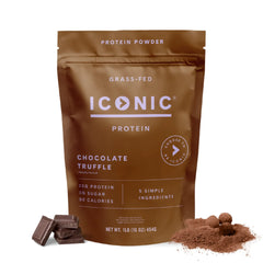 ICONIC Chocolate Truffle protein powder pouch highlighting keto-friendly, sugar-free formula.