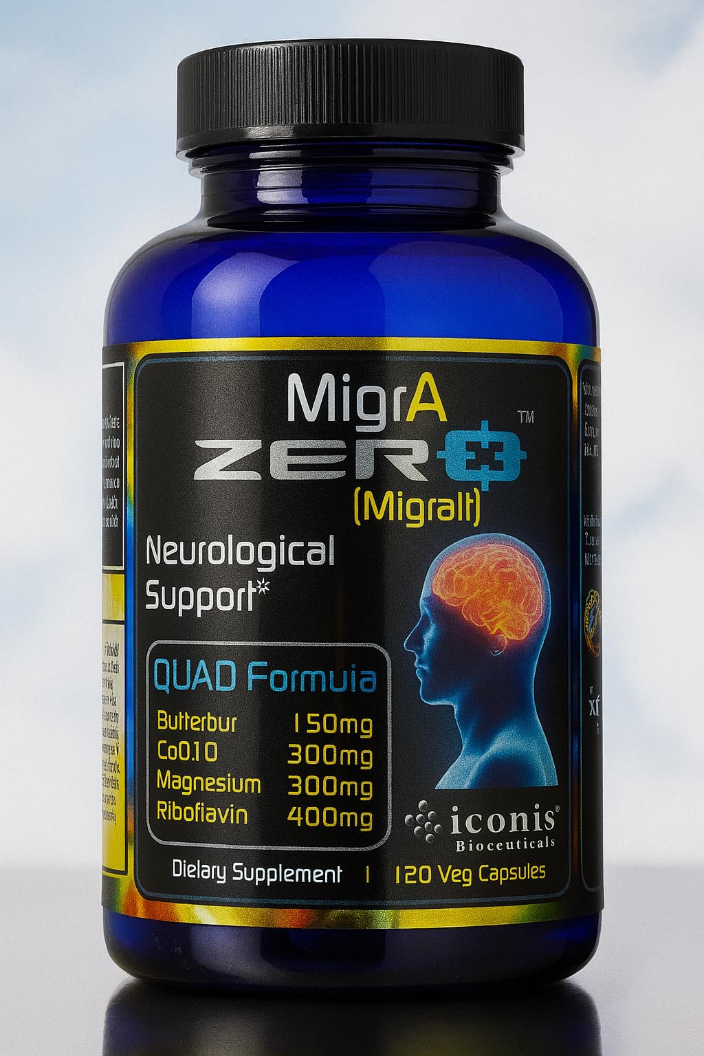Iconis Bioceuticals MigrA Zero bottle front for easy daily dosing and migraine-friendly routine.