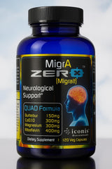 Iconis Bioceuticals MigrA Zero bottle front for easy daily dosing and migraine-friendly routine.